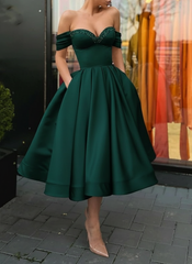 Off Shoulder Satin Tea Length Prom Dresses Sequins Pink Formal Graduation Evening Dresses