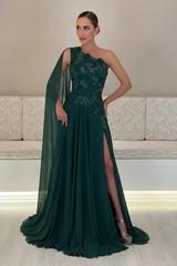 One-Shoulder Sleeveless Chiffon Evening Dresses Long with Side Slit