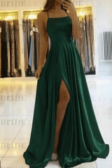 Simple Prom Dress Long With Spaghetti Straps Front Slit Satin Evening Dress