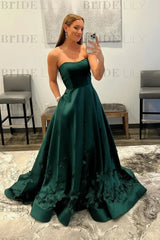 Strapless Light Blue Satin Prom Dresses 3D Flowers A-line Evening Dresses with Pocket