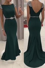 Navy Blue Sequined Fitted Cap Sleeve Mermaid Prom Dress Formal Gown