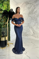 Dark Green Sweetheart Off-The-Shoulder Prom Dress With Appliques Sequins