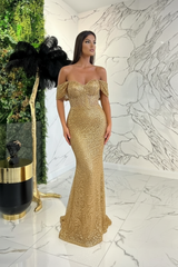 Dark Green Sweetheart Off-The-Shoulder Prom Dress With Appliques Sequins