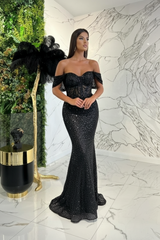 Dark Green Sweetheart Off-The-Shoulder Prom Dress With Appliques Sequins