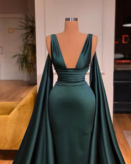 Dark Green V-Neck Sleeveless Sheath Ruffles Prom Dress