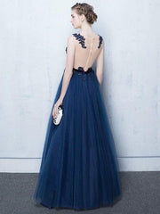 Dark Navy Prom Dresses Long Tulle Evening Dress Lace Illusion Floor Length Formal Dress