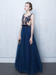 Dark Navy Prom Dresses Long Tulle Evening Dress Lace Illusion Floor Length Formal Dress