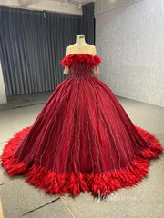 Dark Red Beaded Feather Ball Gown Wedding Dreses Plus Size Princess Dress 222232