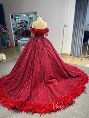 Dark Red Beaded Feather Ball Gown Wedding Dreses Plus Size Princess Dress 222232