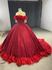 Dark Red Beaded Feather Ball Gown Wedding Dreses Plus Size Princess Dress 222232