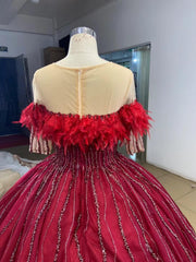 Dark Red Beaded Feather Ball Gown Wedding Dreses Plus Size Princess Dress 222232