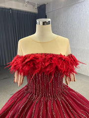 Dark Red Beaded Feather Ball Gown Wedding Dreses Plus Size Princess Dress 222232