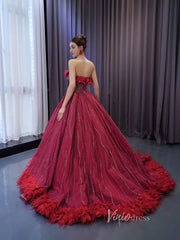Dark Red Beaded Feather Ball Gown Wedding Dreses Plus Size Princess Dress 222232