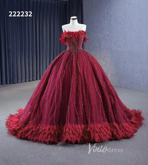 Dark Red Beaded Feather Ball Gown Wedding Dreses Plus Size Princess Dress 222232