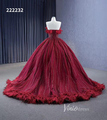 Dark Red Beaded Feather Ball Gown Wedding Dreses Plus Size Princess Dress 222232