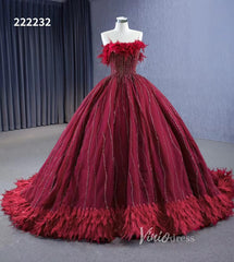 Dark Red Beaded Feather Ball Gown Wedding Dreses Plus Size Princess Dress 222232