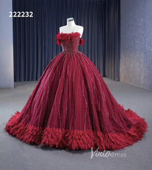 Dark Red Beaded Feather Ball Gown Wedding Dreses Plus Size Princess Dress 222232