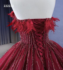 Dark Red Beaded Feather Ball Gown Wedding Dreses Plus Size Princess Dress 222232