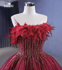 Dark Red Beaded Feather Ball Gown Wedding Dreses Plus Size Princess Dress 222232