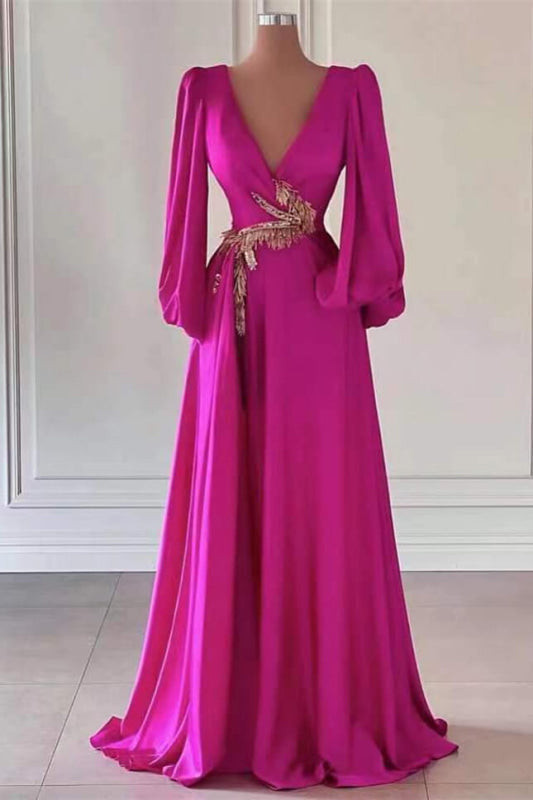 Fuchsia V-Neck Prom Dress A-Line with Long Sleeves