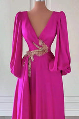 Fuchsia V-Neck Prom Dress A-Line with Long Sleeves