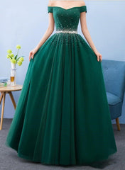 Green Beaded Off Shoulder Long Party Dress, Tulle A-line Evening Dress
