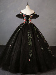 Black Off Shoulder Tulle Lace Long Prom Gown, Black Sweet 16 Dress