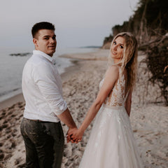 Dasida Modest Long A-line V-neck Wedding Dress with Tulle Lace