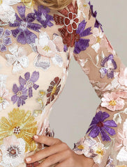 A-Line Mother of the Bride Dress Formal Wedding Guest Elegant High Neck Ankle Length Tulle Long Sleeve with Embroidery Flower