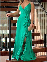 Women's Prom Dress Party Dress Wedding Guest Dress Long Dress Maxi Dress Fuchsia Green Dark Blue Sleeveless Pure Color Ruffle Spring Fall Winter Spaghetti Strap Fashion Birthday Evening Party Wedding