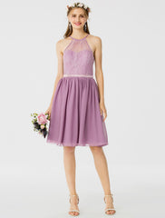 A-Line / Princess Halter Neck Knee Length Chiffon / Corded Lace Bridesmaid Dress with Sash / Ribbon / Pleats