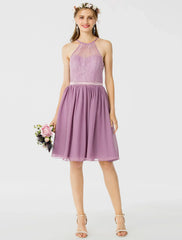 DingjiA-Line / Princess Halter Neck Knee Length Chiffon / Corded Lace Bridesmaid Dress with Sash / Ribbon / Pleats
