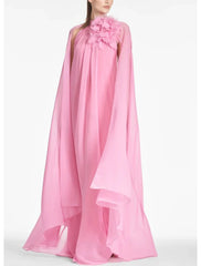 A-Line Evening Gown Elegant Dress Formal Prom Floor Length Sleeveless Jewel Neck Chiffon with Shouder Flower