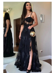 A-Line Prom Dresses Cut Out Dress Party Wear Floor Length Sleeveless Sweetheart Lace Backless with Slit Appliques