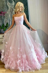 Spaghetti Straps Pink Floral Long Prom Dress