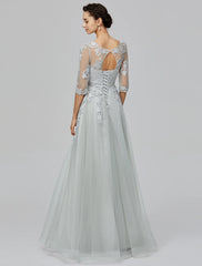 Wholesale A-Line Empire Dress Wedding Guest Prom Dress Floor Length Half Sleeve Illusion Neck Tulle with Bow(s) Appliques