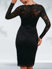 Sheath Black Dress Plus Size Cocktail Dresses Elegant Dress Wedding Guest Party Wear Knee Length Long Sleeve Jewel Neck Gothic Lace with Appliques