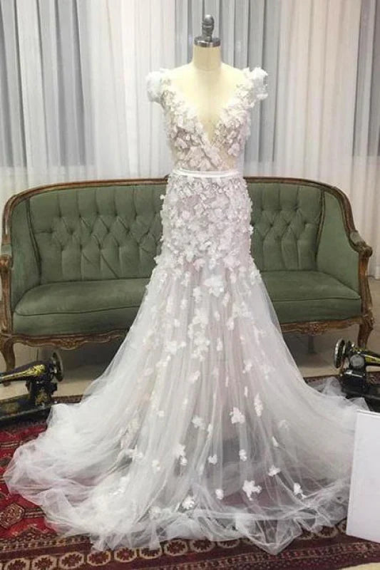 Mermaid V neck Hand made Flowers Tulle Wedding Dress