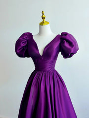 Purple Satin Short Sleeves V-neckline Prom Dress, Purple Satin Evening Dress