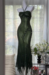 Vintage Green Mermaid Formal Evening Gown Halter Beaded Prom Dresses