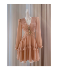 Retro Beading Design A-line Chiffon Long- sleeved V-neck Party Dresses Homecoming Dresses, HZ1024