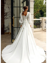 Wedding Dresses A-Line V Neck Long Sleeve Court Train Chiffon Bridal Gowns With Pleats Solid Color