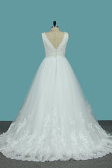 Deep V-Neck Backless Long Wedding Dress With Lace Appliques