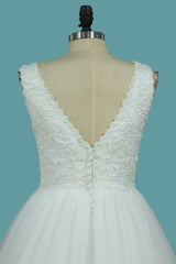 Deep V-Neck Backless Long Wedding Dress With Lace Appliques