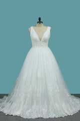 Deep V-Neck Backless Long Wedding Dress With Lace Appliques