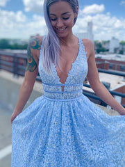 Deep V Neck Light Blue Lace Long Prom Dresses, Light Blue Lace Formal Graduation Evening Dresses