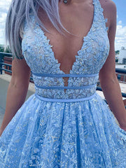 Deep V Neck Light Blue Lace Long Prom Dresses, Light Blue Lace Formal Graduation Evening Dresses