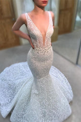 Deep V-Neck Long Wedding Dress Mermaid with Lace Appliques