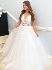 Deep V Neck White Lace Wedding Dresses Sleeveless Aline Bridal Dress