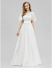 A-Line Prom Dresses Empire Dress Wedding Guest Prom Floor Length Short Sleeve Jewel Neck Bridesmaid Dress Tulle with Sequin Appliques